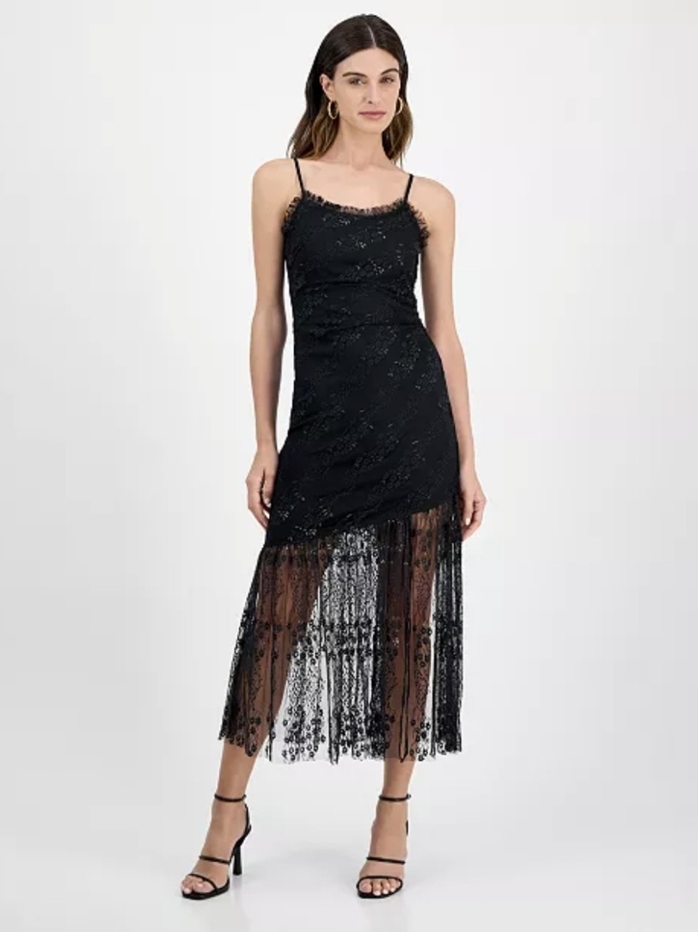 Black Lace High-Low Slip Dress with Fringe Hem